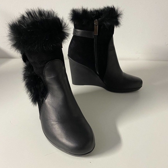 Aquatalia Natalie Black Ankle Wedge Heel Boot Leather Suede Faux Fur Rou… - Picture 6 of 9